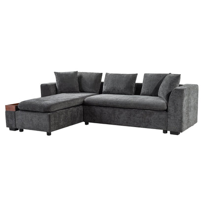 Canapé sectionnel moderne en chenille en forme de L avec compartiment de rangement en bois et coussins assortis pour le salon