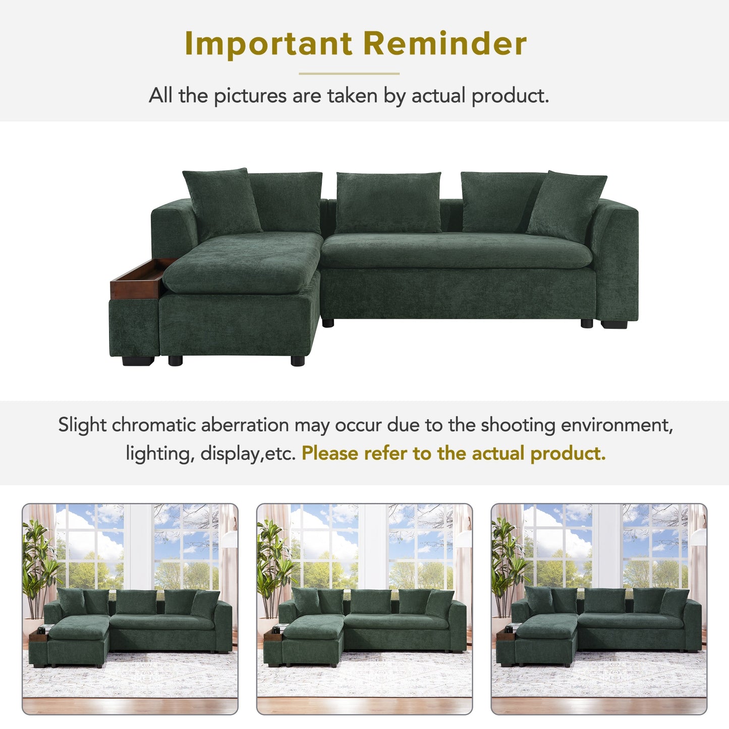 Canapé sectionnel moderne en chenille en forme de L avec compartiment de rangement en bois et coussins assortis pour le salon