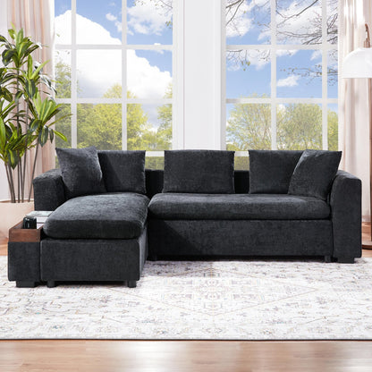 Canapé sectionnel moderne en chenille en forme de L avec compartiment de rangement en bois et coussins assortis pour le salon