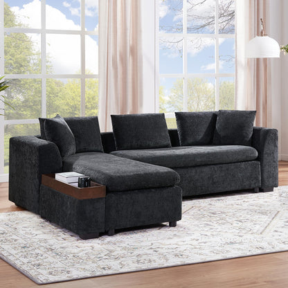 Canapé sectionnel moderne en chenille en forme de L avec compartiment de rangement en bois et coussins assortis pour le salon