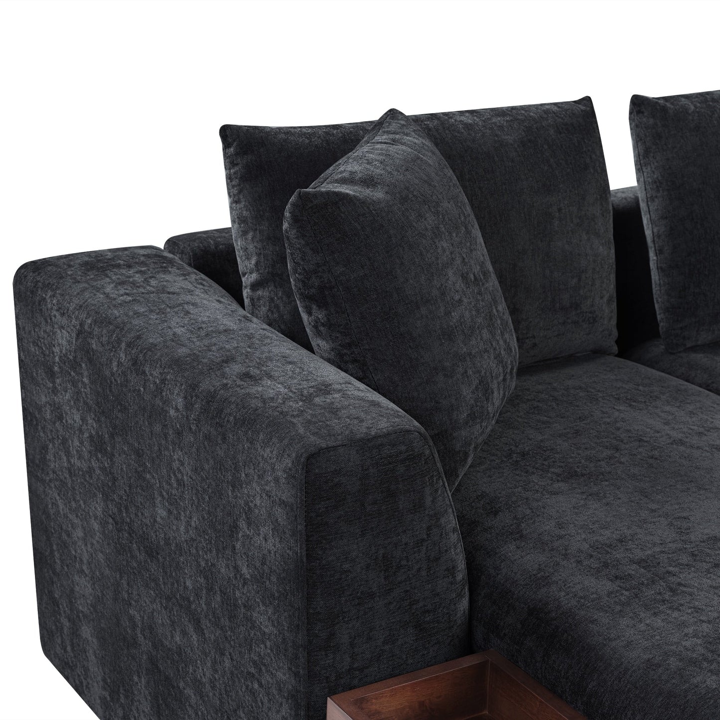 Canapé sectionnel moderne en chenille en forme de L avec compartiment de rangement en bois et coussins assortis pour le salon