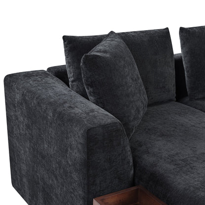 Canapé sectionnel moderne en chenille en forme de L avec compartiment de rangement en bois et coussins assortis pour le salon
