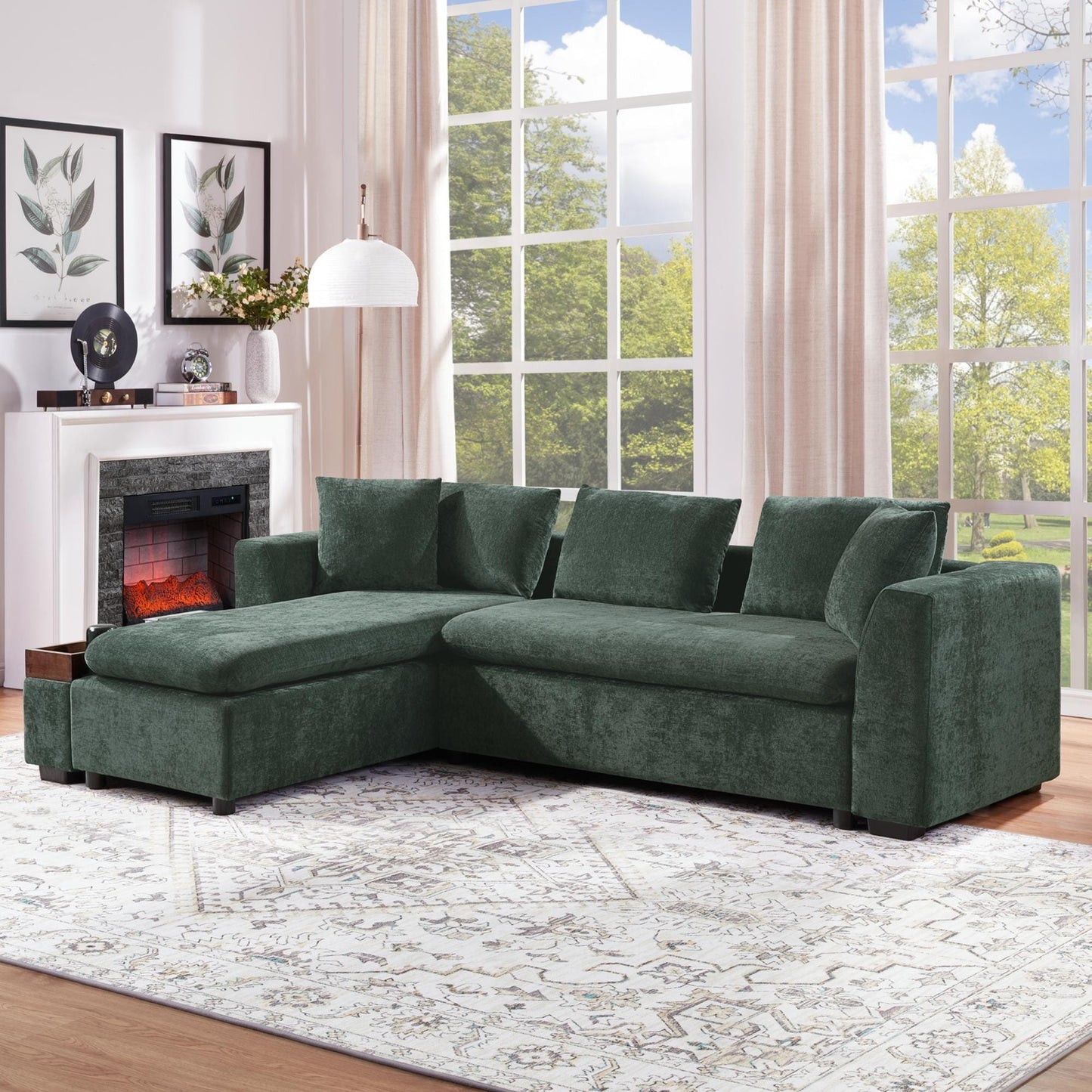 Canapé sectionnel moderne en chenille en forme de L avec compartiment de rangement en bois et coussins assortis pour le salon