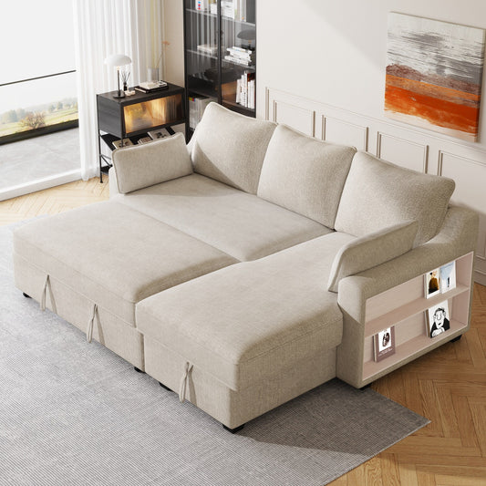 Canapé-lit convertible moderne en L avec méridienne de rangement, ports USB et étagères de rangement pour le salon