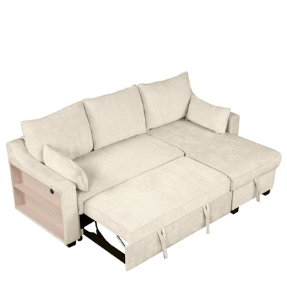 Canapé-lit convertible moderne en L avec méridienne de rangement, ports USB et étagères de rangement pour le salon