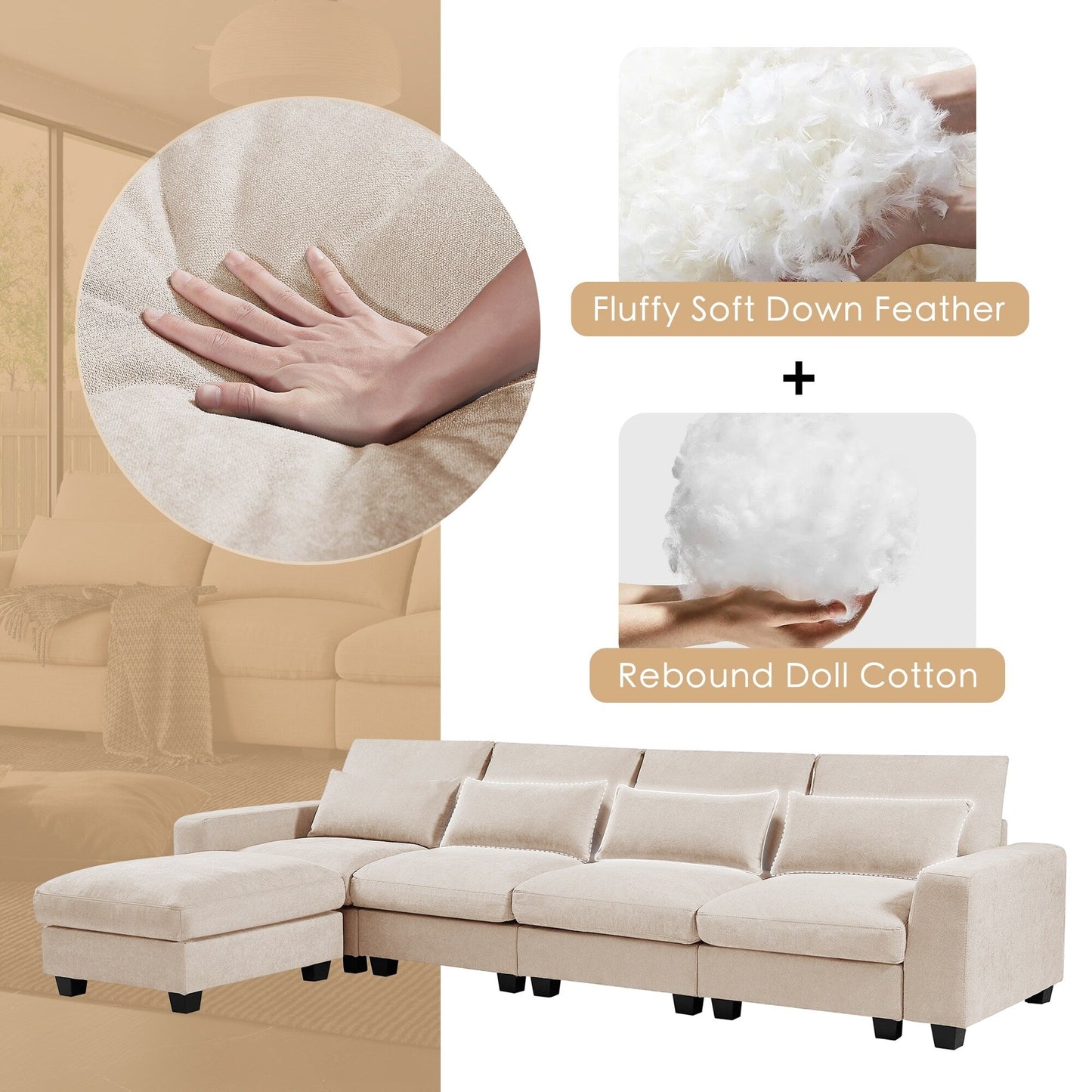 Canapé sectionnel moderne en forme de L avec méridienne réversible et coussins pour le salon
