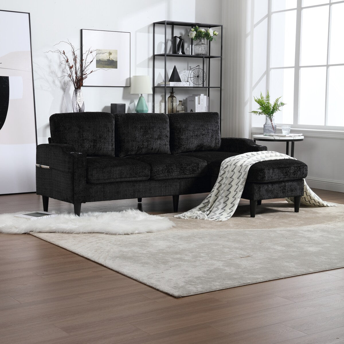 Canapé modulaire moderne en forme de L, 3 places, avec rangement, pouf, oreillers, porte-gobelets, poches latérales