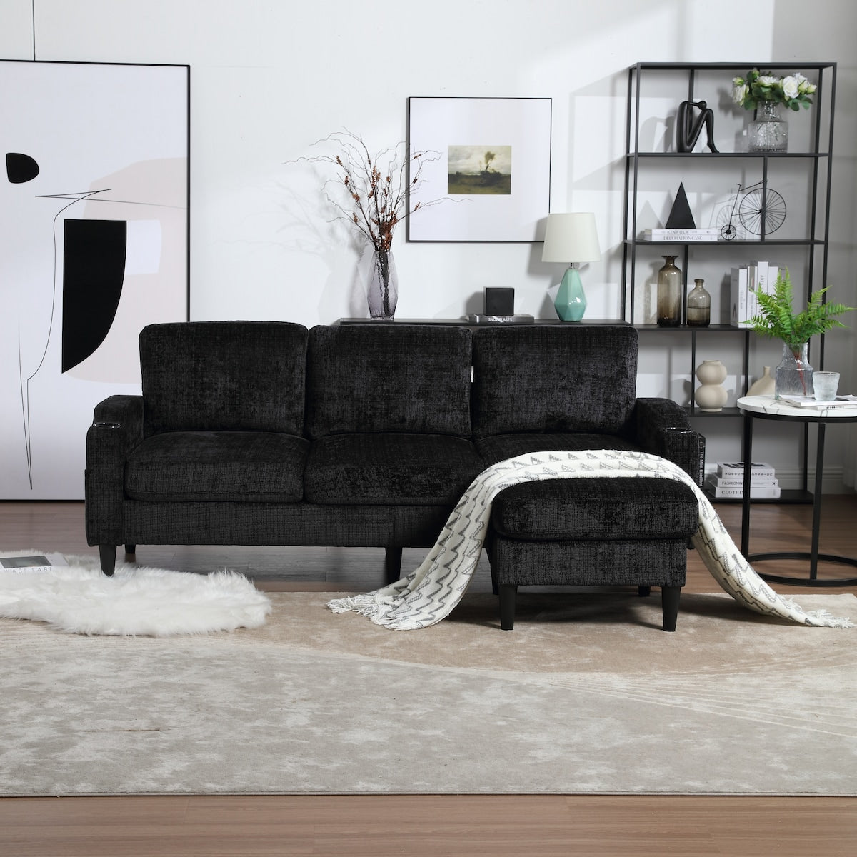 Canapé modulaire moderne en forme de L, 3 places, avec rangement, pouf, oreillers, porte-gobelets, poches latérales