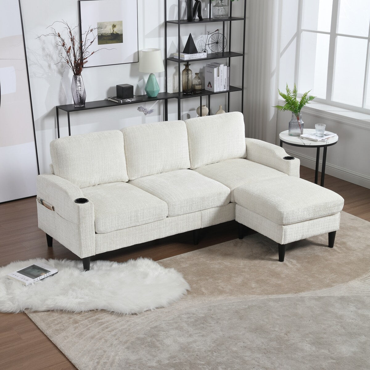 Canapé modulaire moderne en forme de L, 3 places, avec rangement, pouf, oreillers, porte-gobelets, poches latérales