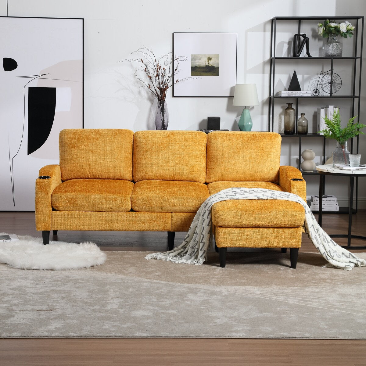 Canapé modulaire moderne en forme de L, 3 places, avec rangement, pouf, oreillers, porte-gobelets, poches latérales