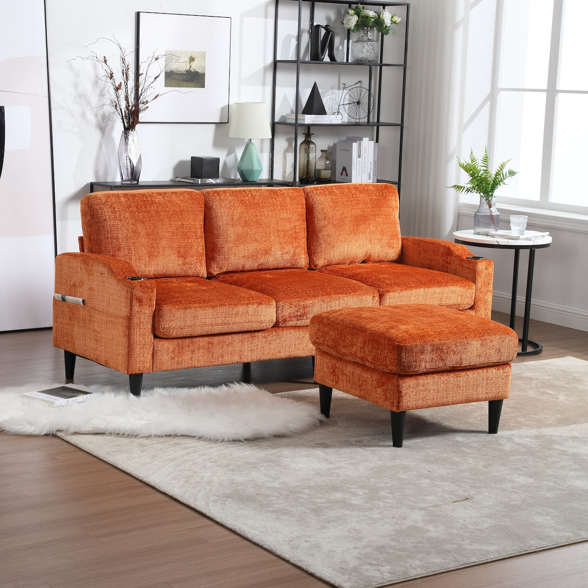 Canapé modulaire moderne en forme de L, 3 places, avec rangement, pouf, oreillers, porte-gobelets, poches latérales