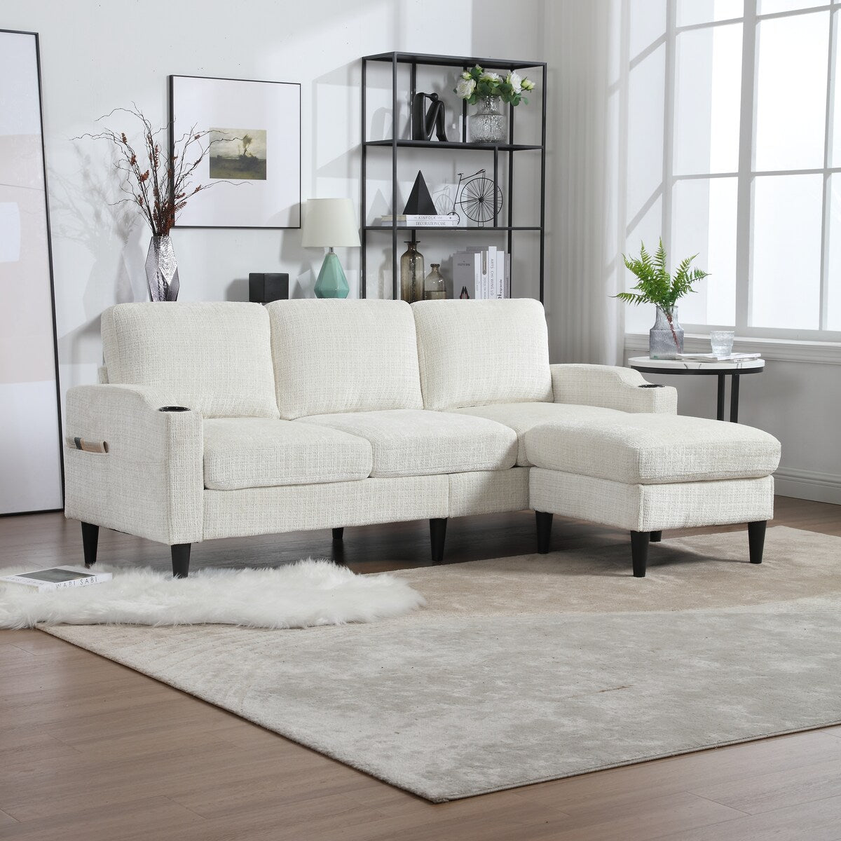 Canapé modulaire moderne en forme de L, 3 places, avec rangement, pouf, oreillers, porte-gobelets, poches latérales