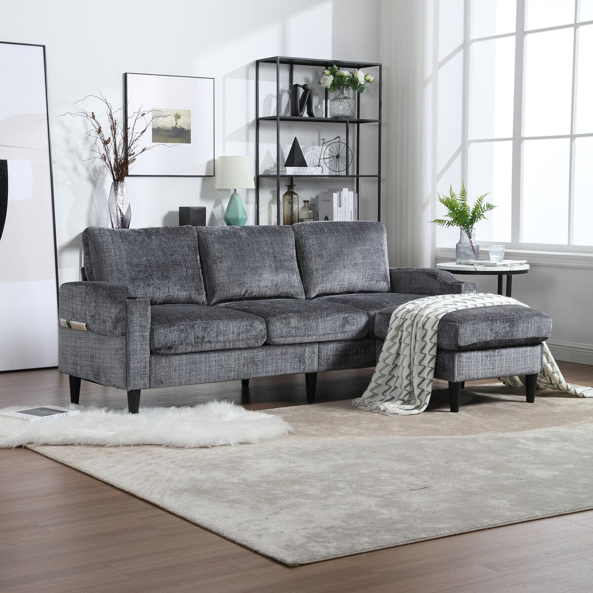 Canapé modulaire moderne en forme de L, 3 places, avec rangement, pouf, oreillers, porte-gobelets, poches latérales