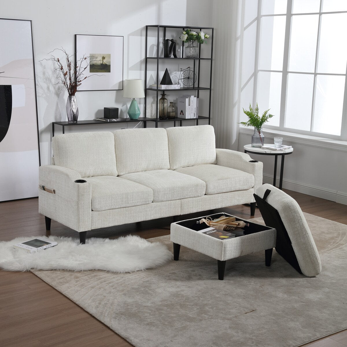Canapé modulaire moderne en forme de L, 3 places, avec rangement, pouf, oreillers, porte-gobelets, poches latérales