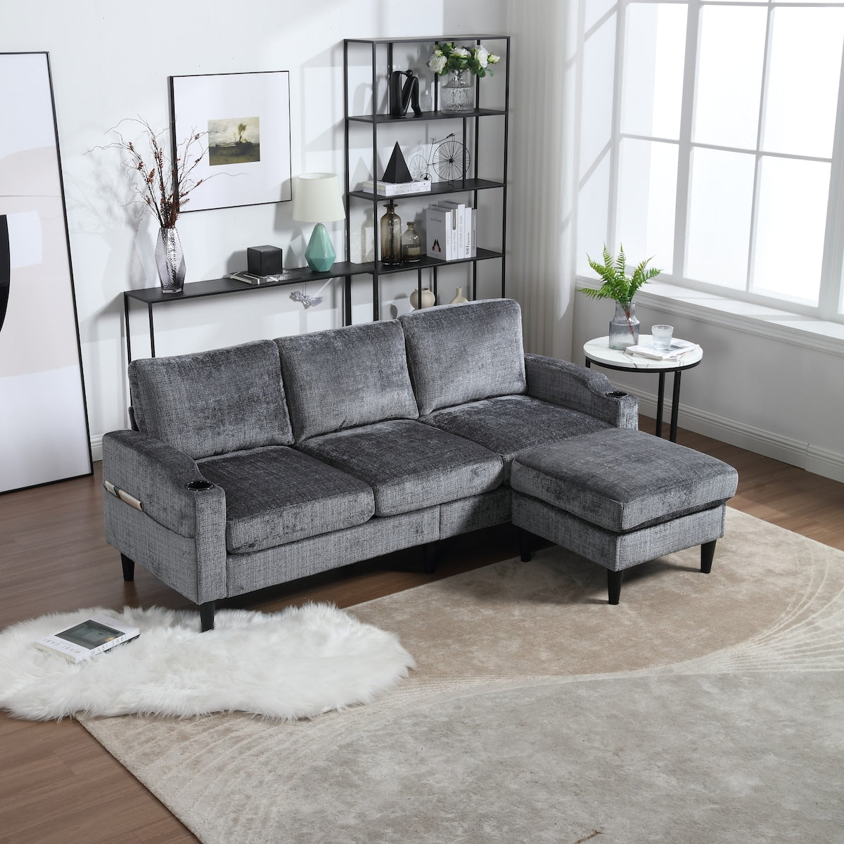 Canapé modulaire moderne en forme de L, 3 places, avec rangement, pouf, oreillers, porte-gobelets, poches latérales