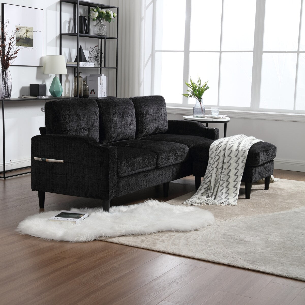 Canapé modulaire moderne en forme de L, 3 places, avec rangement, pouf, oreillers, porte-gobelets, poches latérales