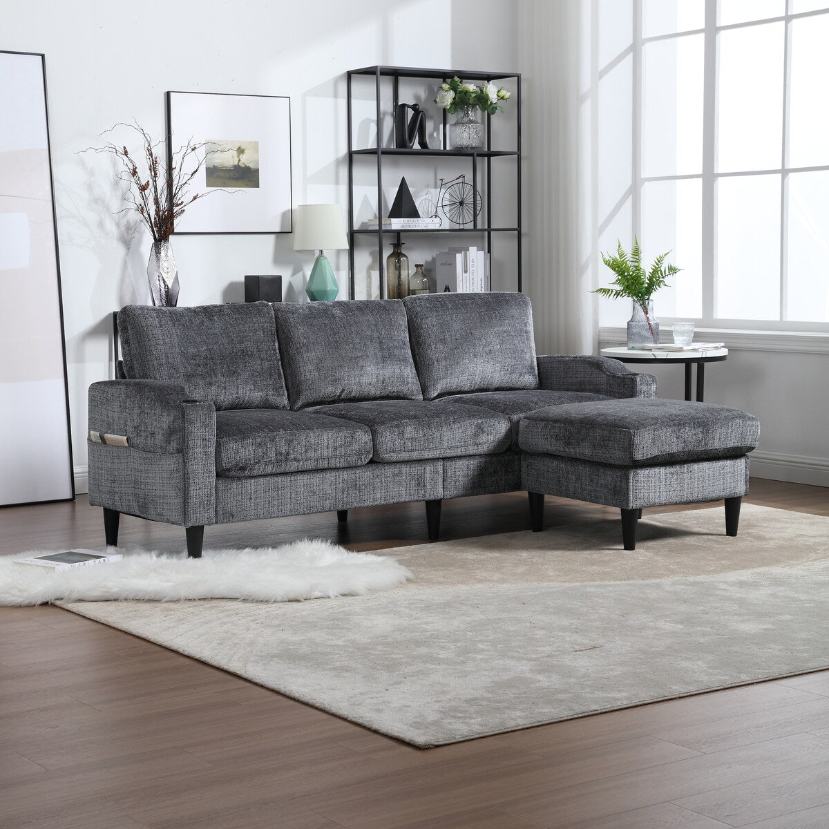 Canapé modulaire moderne en forme de L, 3 places, avec rangement, pouf, oreillers, porte-gobelets, poches latérales