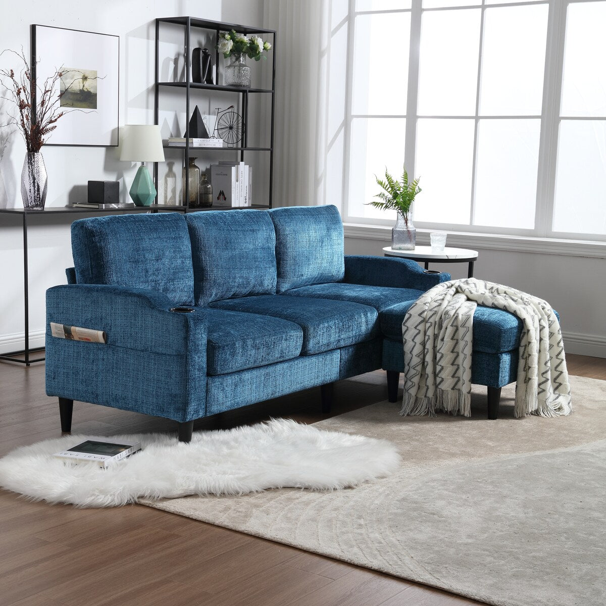 Canapé modulaire moderne en forme de L, 3 places, avec rangement, pouf, oreillers, porte-gobelets, poches latérales