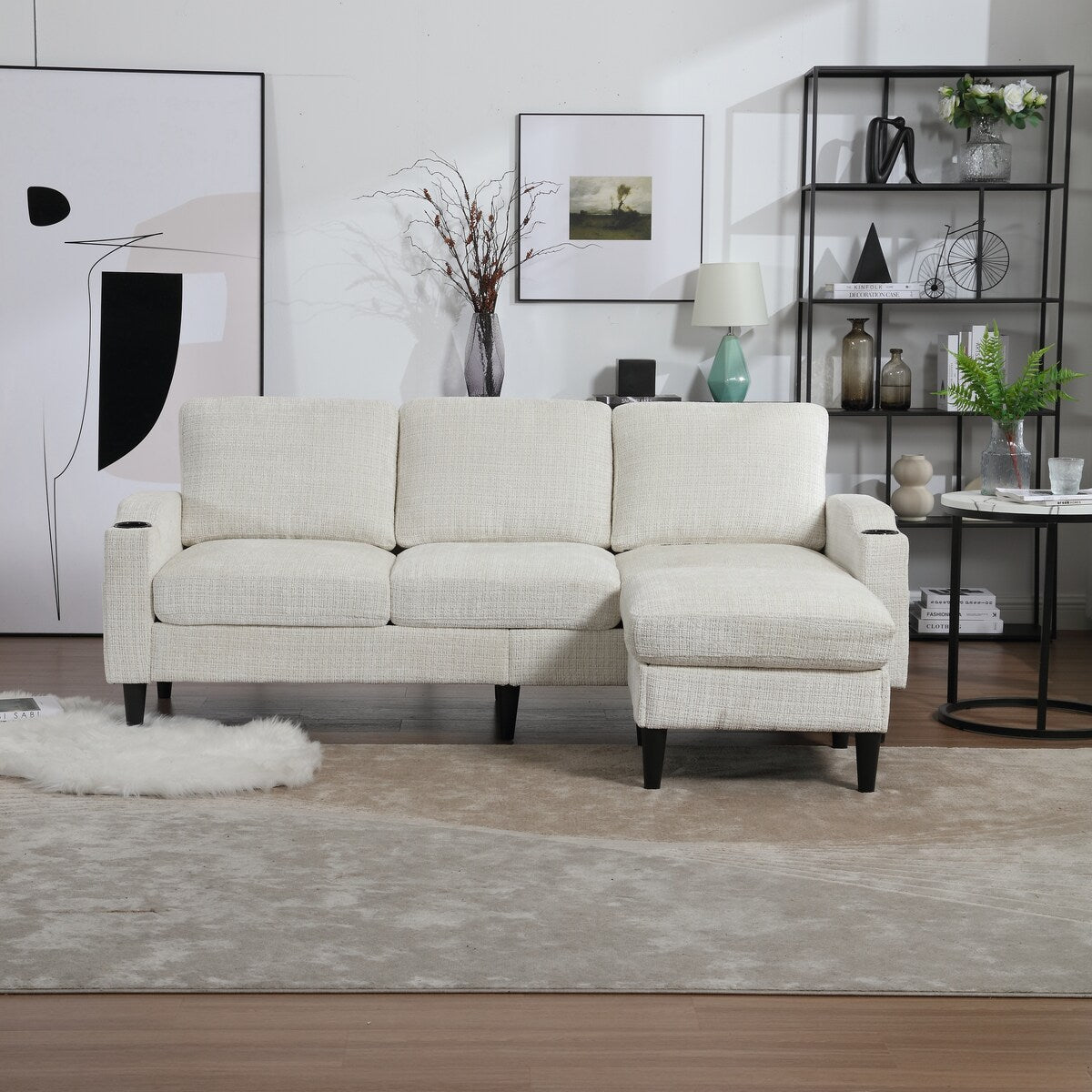 Canapé modulaire moderne en forme de L, 3 places, avec rangement, pouf, oreillers, porte-gobelets, poches latérales