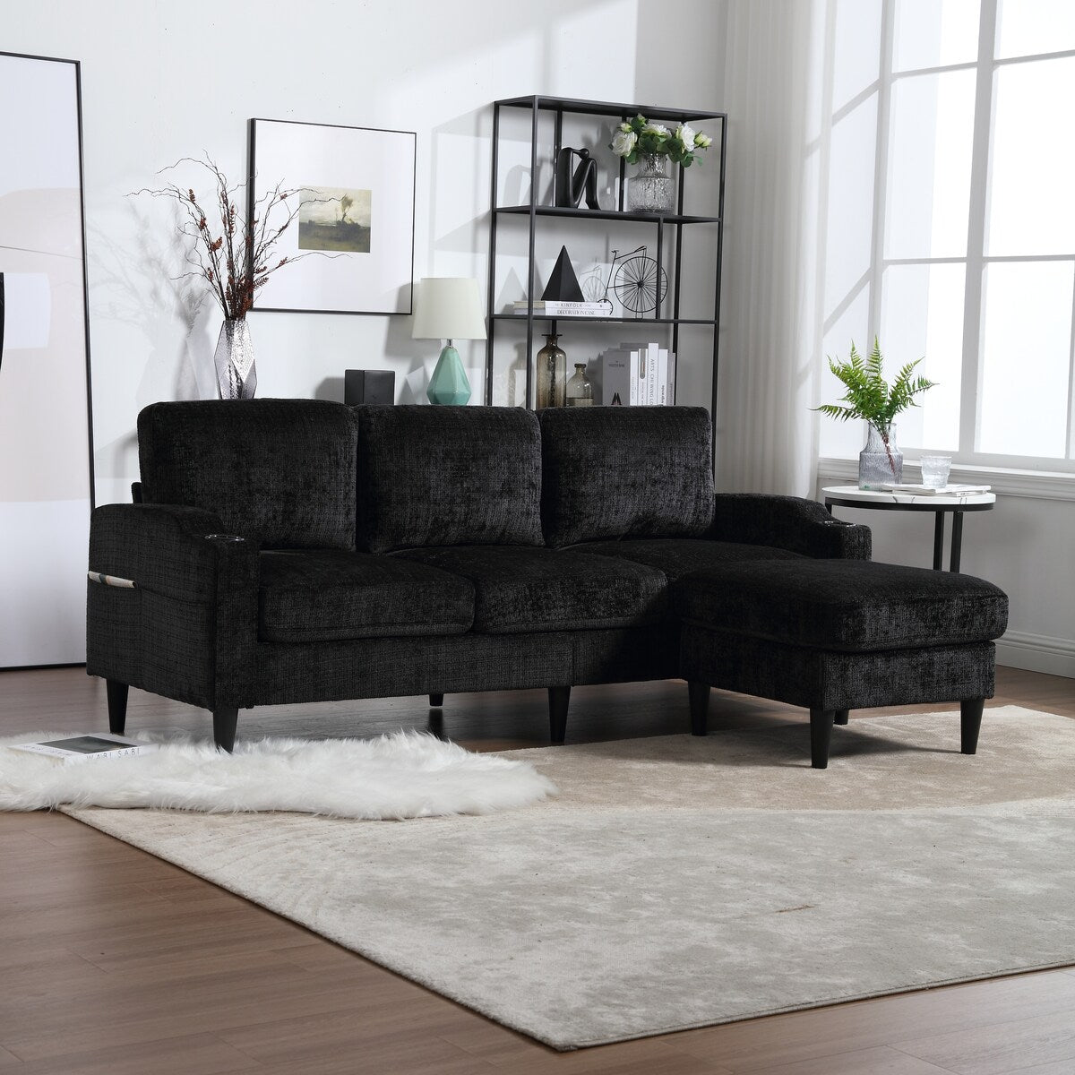 Canapé modulaire moderne en forme de L, 3 places, avec rangement, pouf, oreillers, porte-gobelets, poches latérales