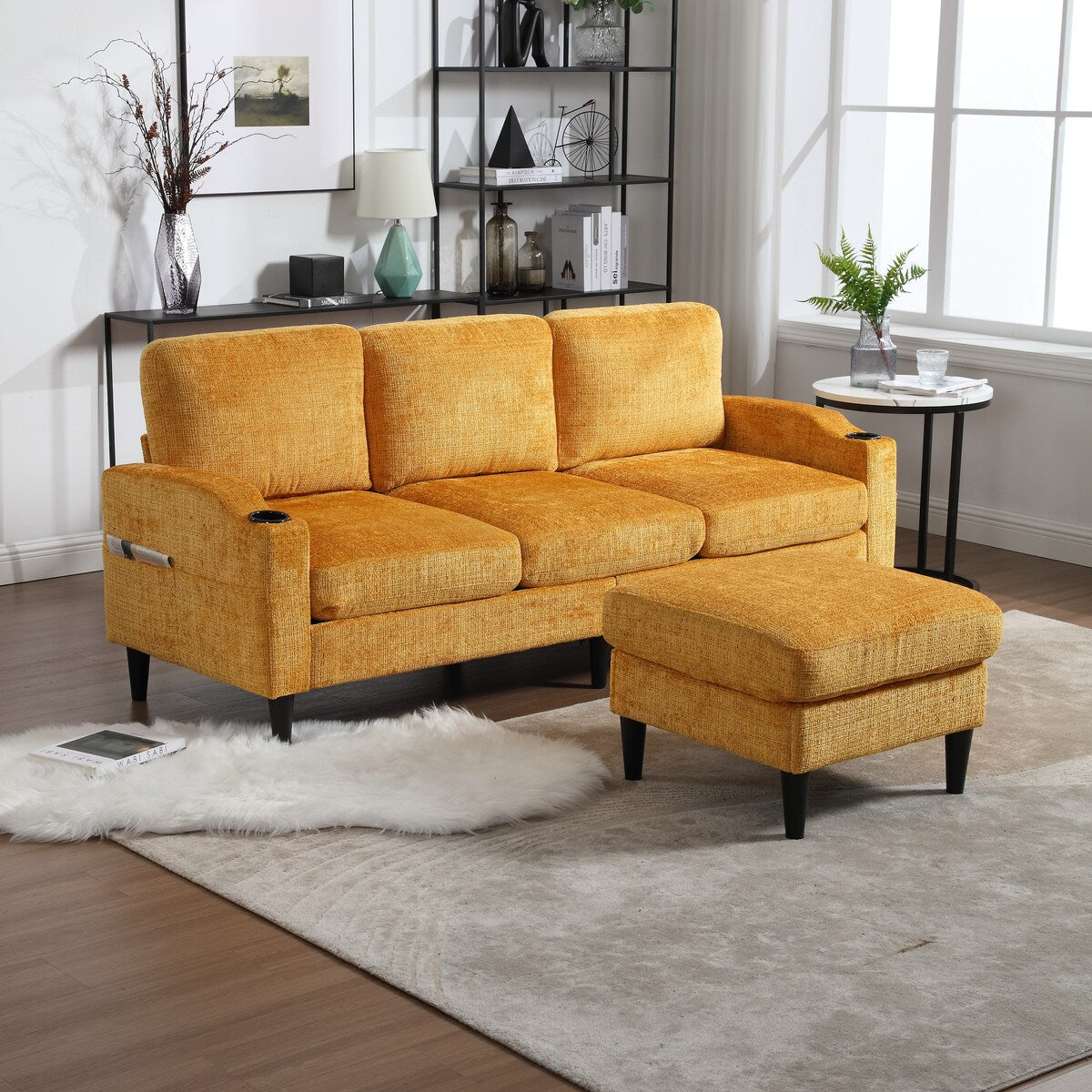 Canapé modulaire moderne en forme de L, 3 places, avec rangement, pouf, oreillers, porte-gobelets, poches latérales