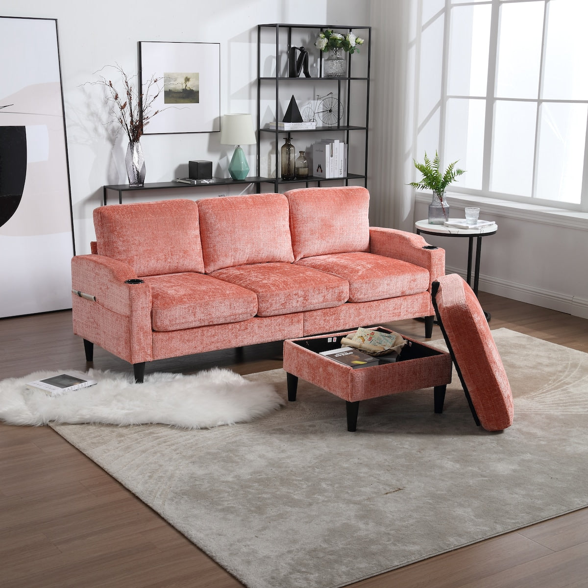 Canapé modulaire moderne en forme de L, 3 places, avec rangement, pouf, oreillers, porte-gobelets, poches latérales