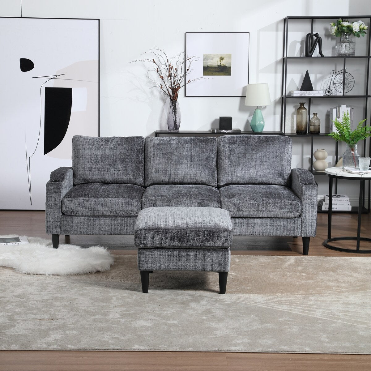 Canapé modulaire moderne en forme de L, 3 places, avec rangement, pouf, oreillers, porte-gobelets, poches latérales