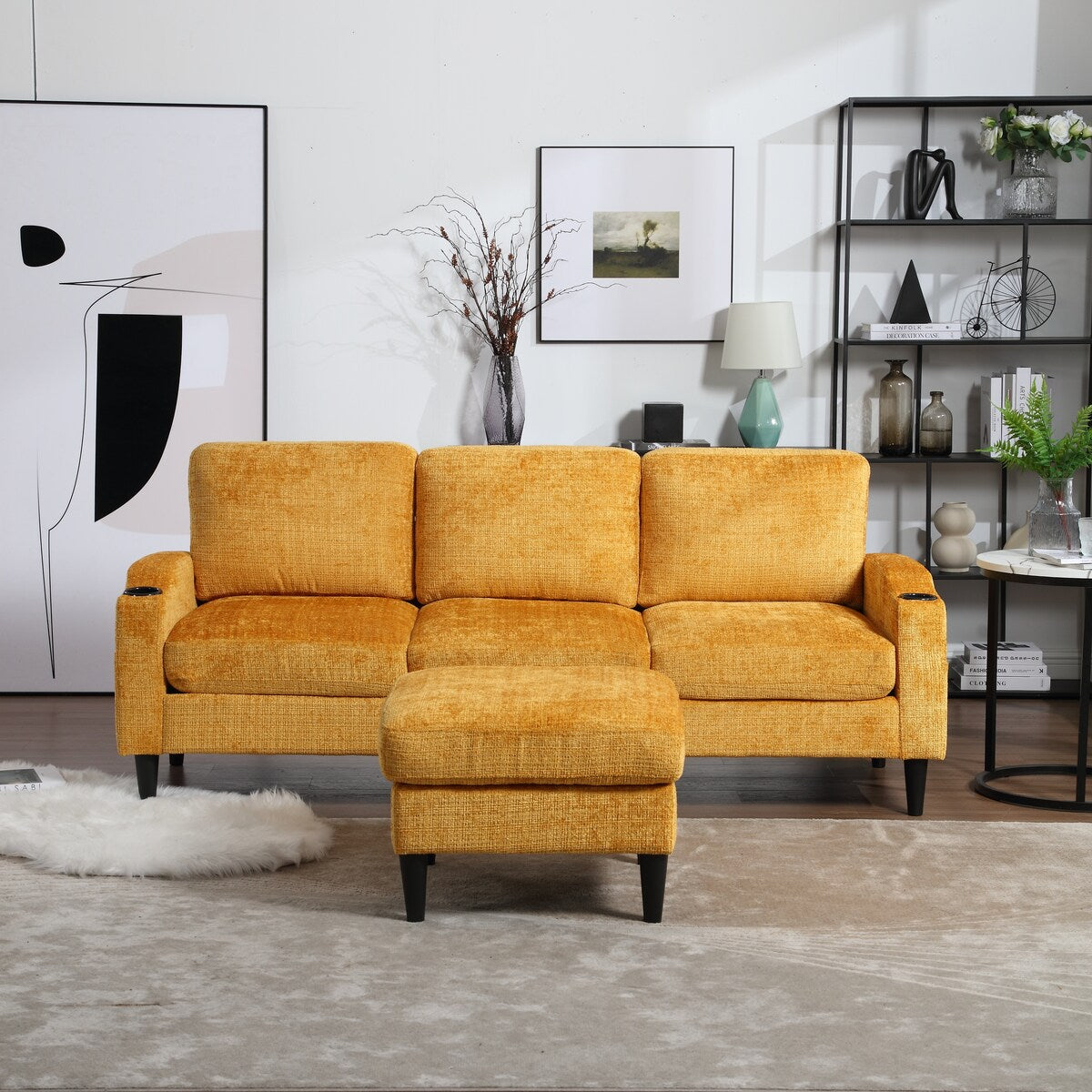 Canapé modulaire moderne en forme de L, 3 places, avec rangement, pouf, oreillers, porte-gobelets, poches latérales