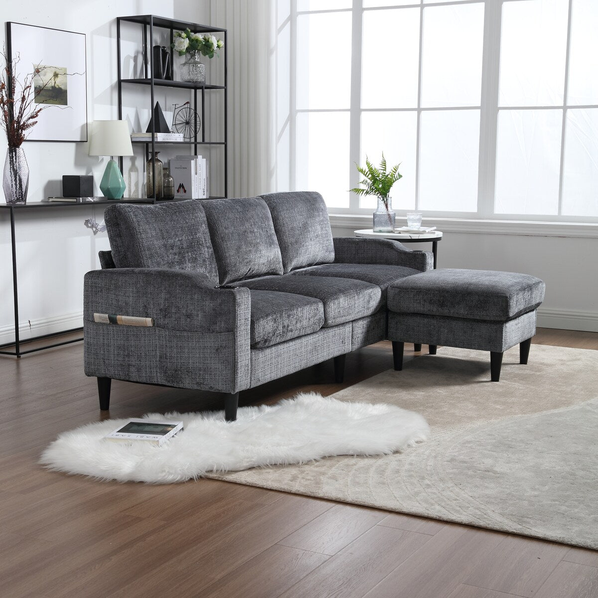 Canapé modulaire moderne en forme de L, 3 places, avec rangement, pouf, oreillers, porte-gobelets, poches latérales