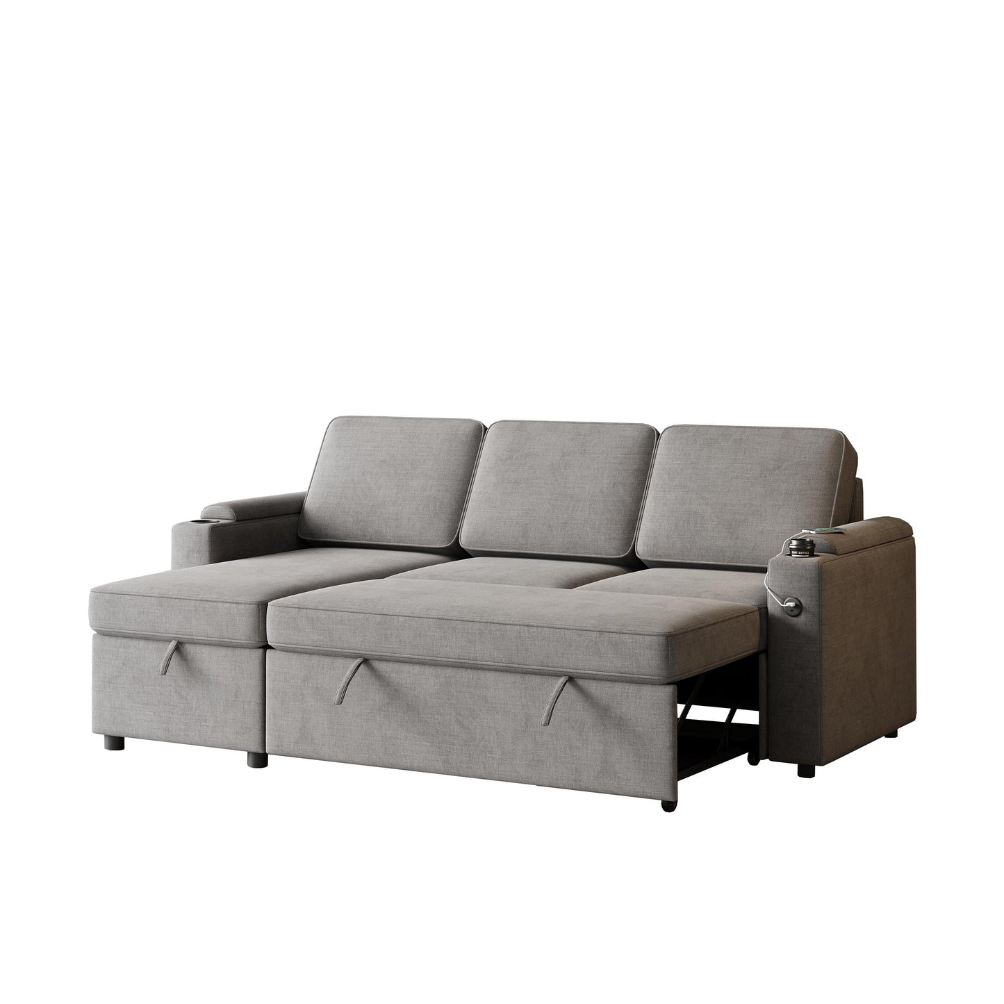 Canapé-lit gigogne moderne en L avec méridienne réversible, rangement, chargement USB et porte-gobelets pour le salon
