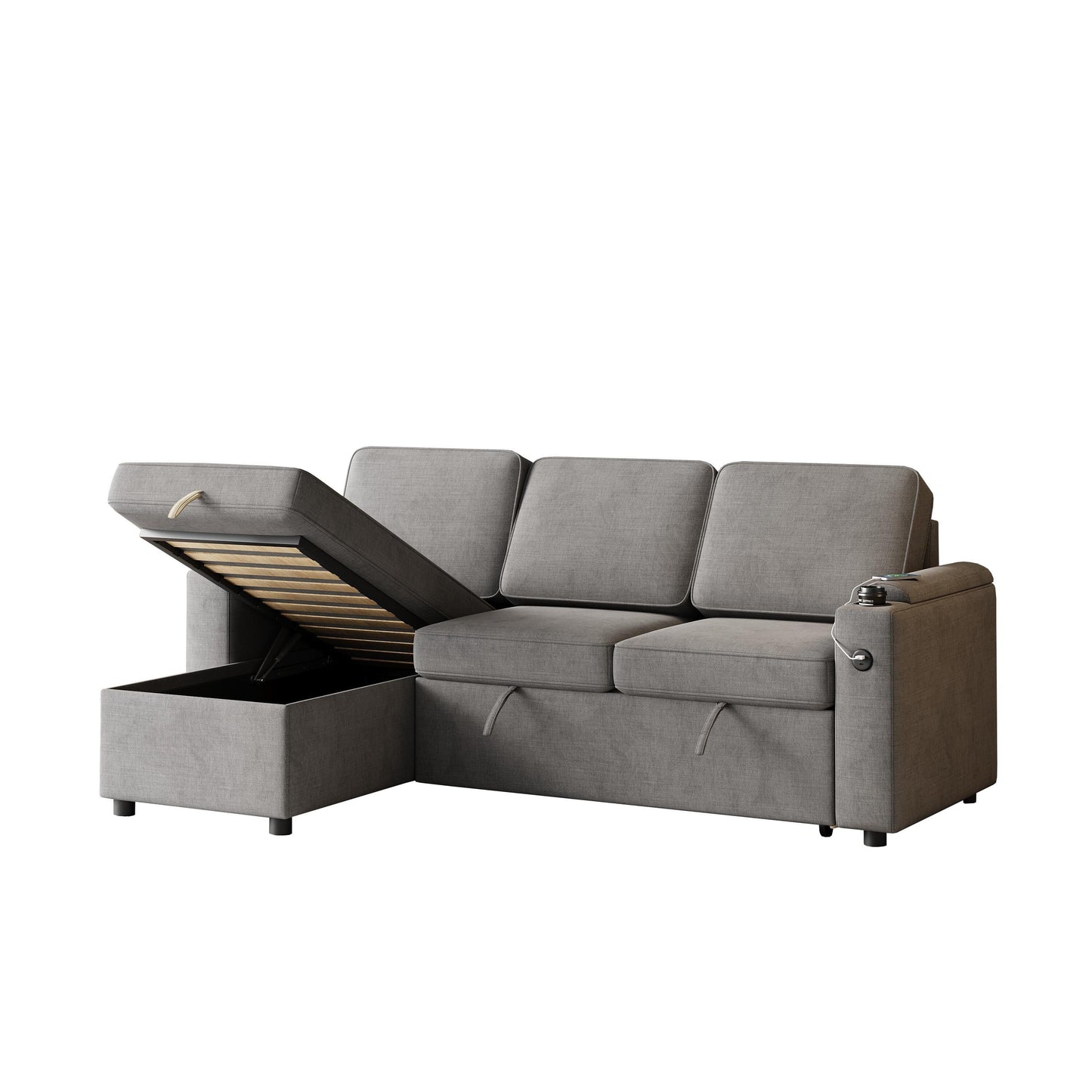 Canapé-lit gigogne moderne en L avec méridienne réversible, rangement, chargement USB et porte-gobelets pour le salon