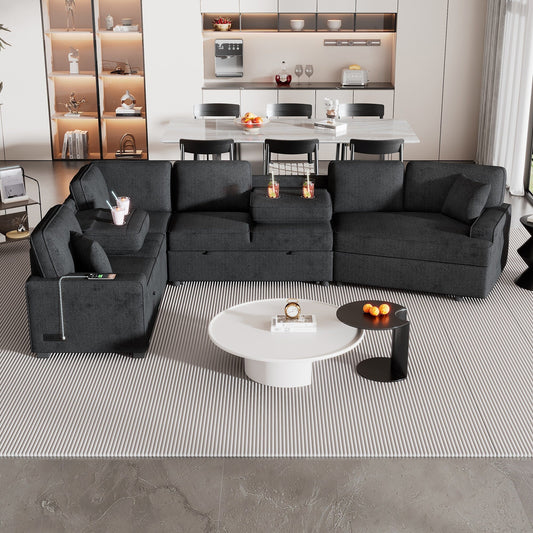 Canapé sectionnel moderne en L avec lit gigogne, ports USB et tables rabattables pour le salon