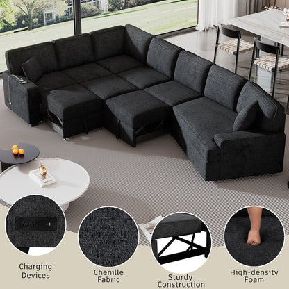 Canapé sectionnel moderne en L avec lit gigogne, ports USB et tables rabattables pour le salon