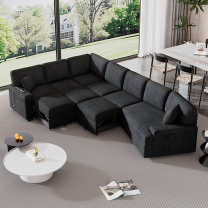 Canapé sectionnel moderne en L avec lit gigogne, ports USB et tables rabattables pour le salon