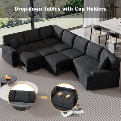 Canapé sectionnel moderne en L avec lit gigogne, ports USB et tables rabattables pour le salon