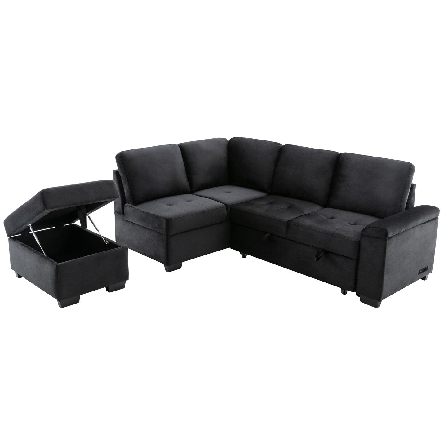 Canapé-lit d'angle moderne en velours en forme de L avec pouf de rangement, accoudoirs dissimulés et chargeur USB