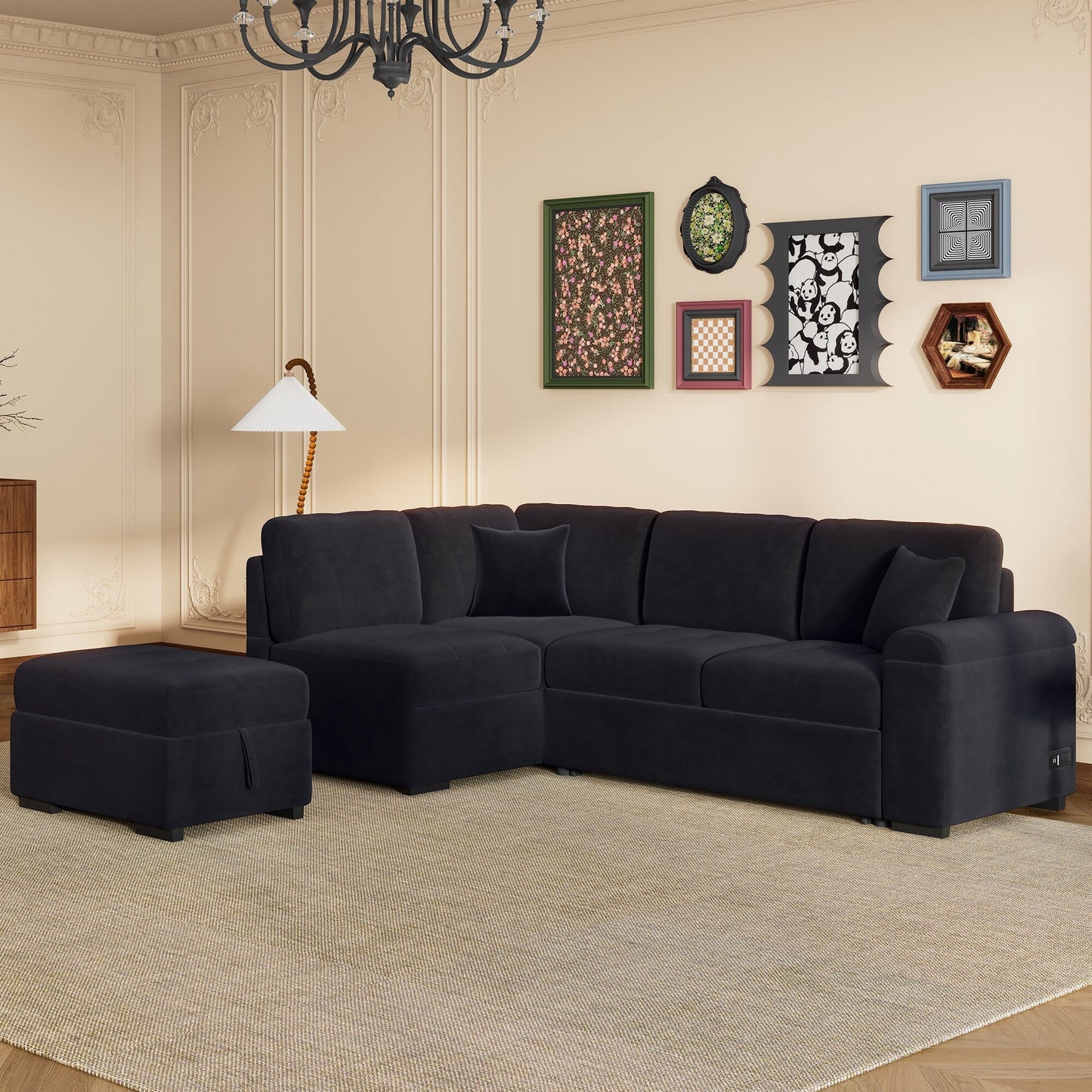 Canapé-lit d'angle moderne en velours en forme de L avec pouf de rangement, accoudoirs dissimulés et chargeur USB