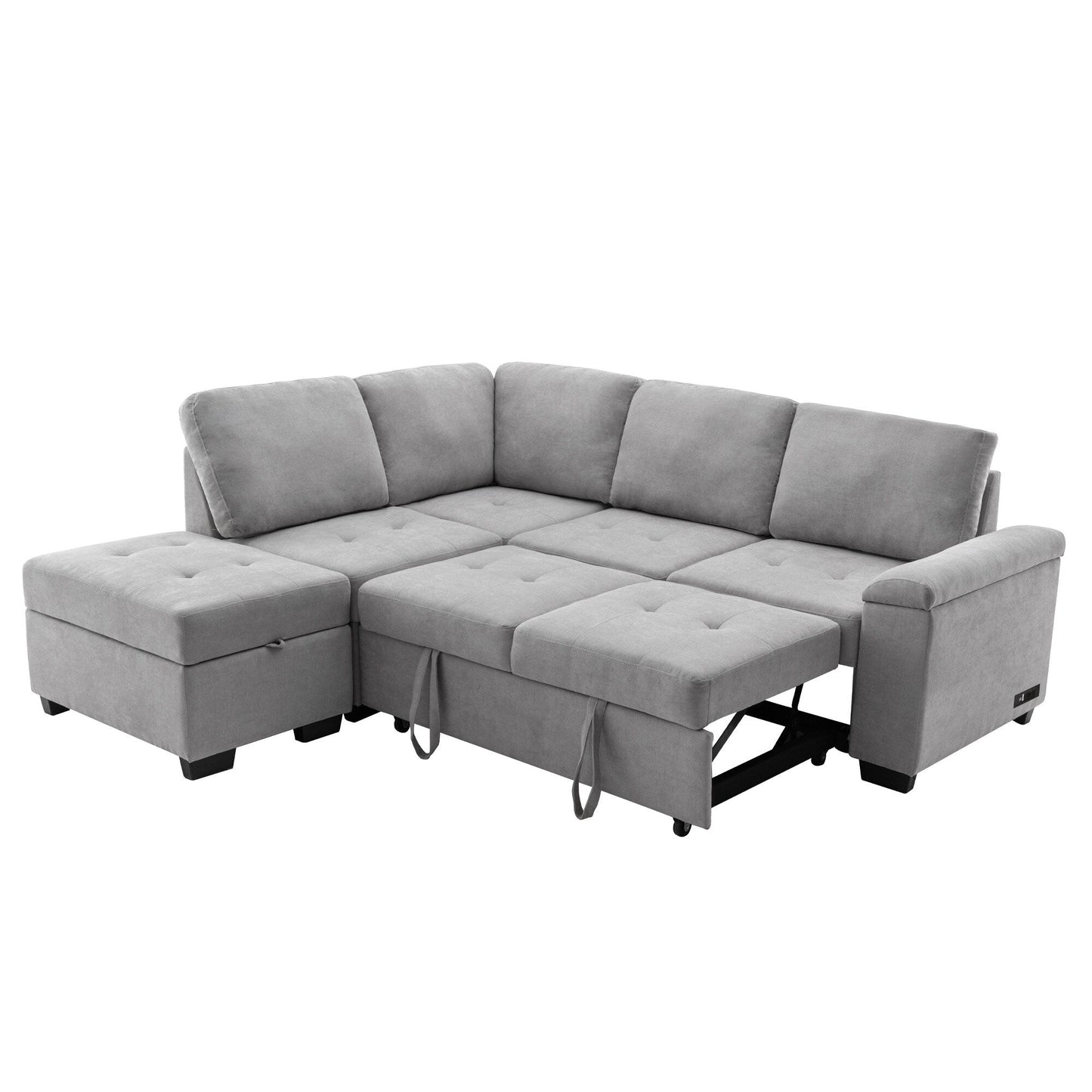 Canapé-lit d'angle moderne en velours en forme de L avec pouf de rangement, accoudoirs dissimulés et chargeur USB