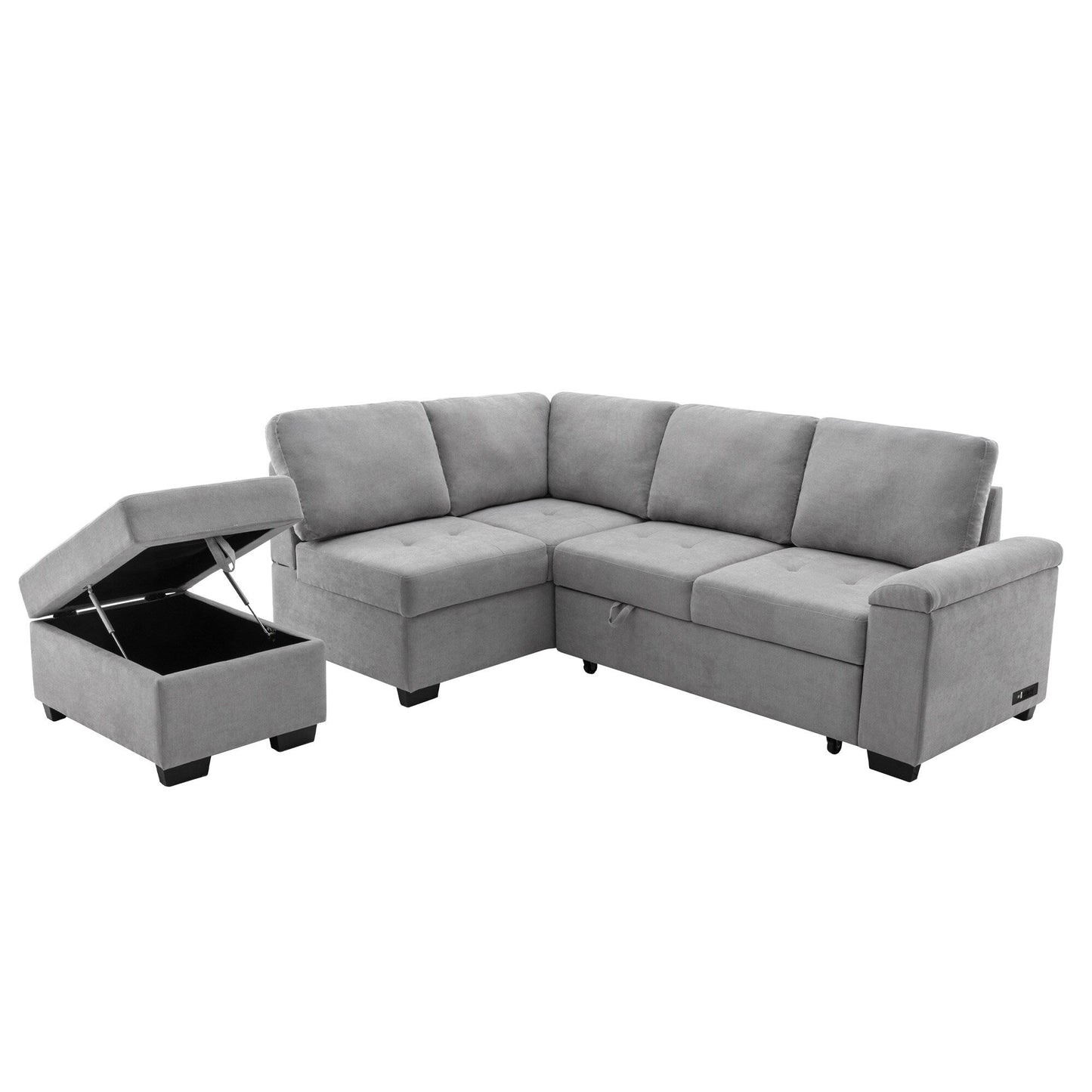 Canapé-lit d'angle moderne en velours en forme de L avec pouf de rangement, accoudoirs dissimulés et chargeur USB