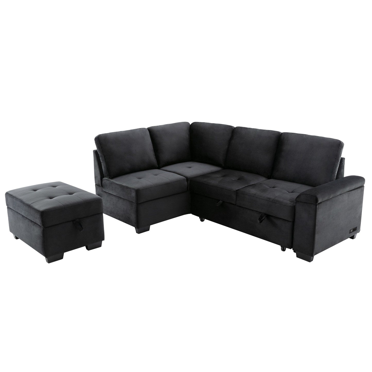 Canapé-lit d'angle moderne en velours en forme de L avec pouf de rangement, accoudoirs dissimulés et chargeur USB