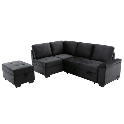 Canapé-lit d'angle moderne en velours en forme de L avec pouf de rangement, accoudoirs dissimulés et chargeur USB