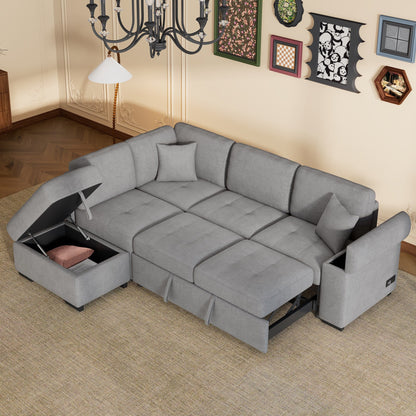 Canapé-lit d'angle moderne en velours en forme de L avec pouf de rangement, accoudoirs dissimulés et chargeur USB