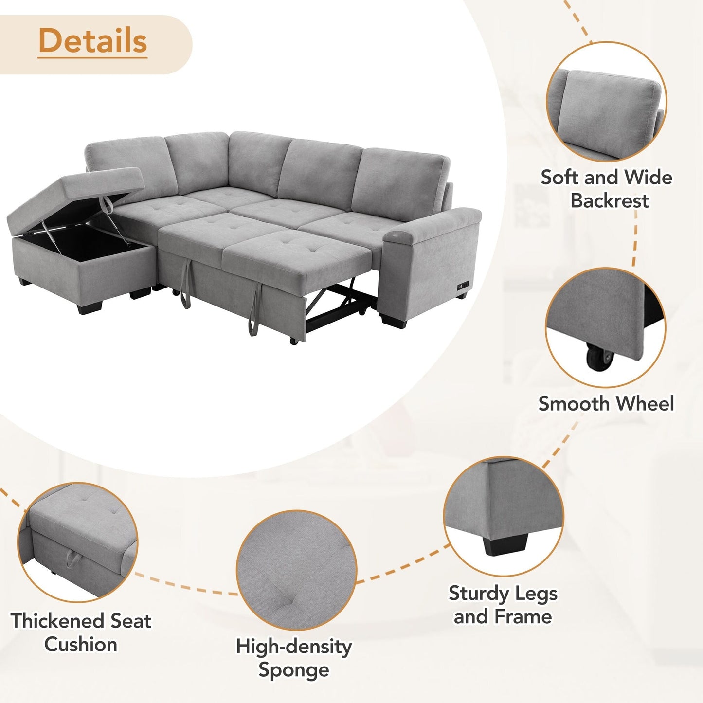 Canapé-lit d'angle moderne en velours en forme de L avec pouf de rangement, accoudoirs dissimulés et chargeur USB