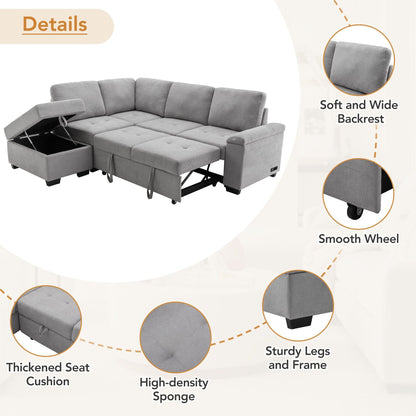Canapé-lit d'angle moderne en velours en forme de L avec pouf de rangement, accoudoirs dissimulés et chargeur USB