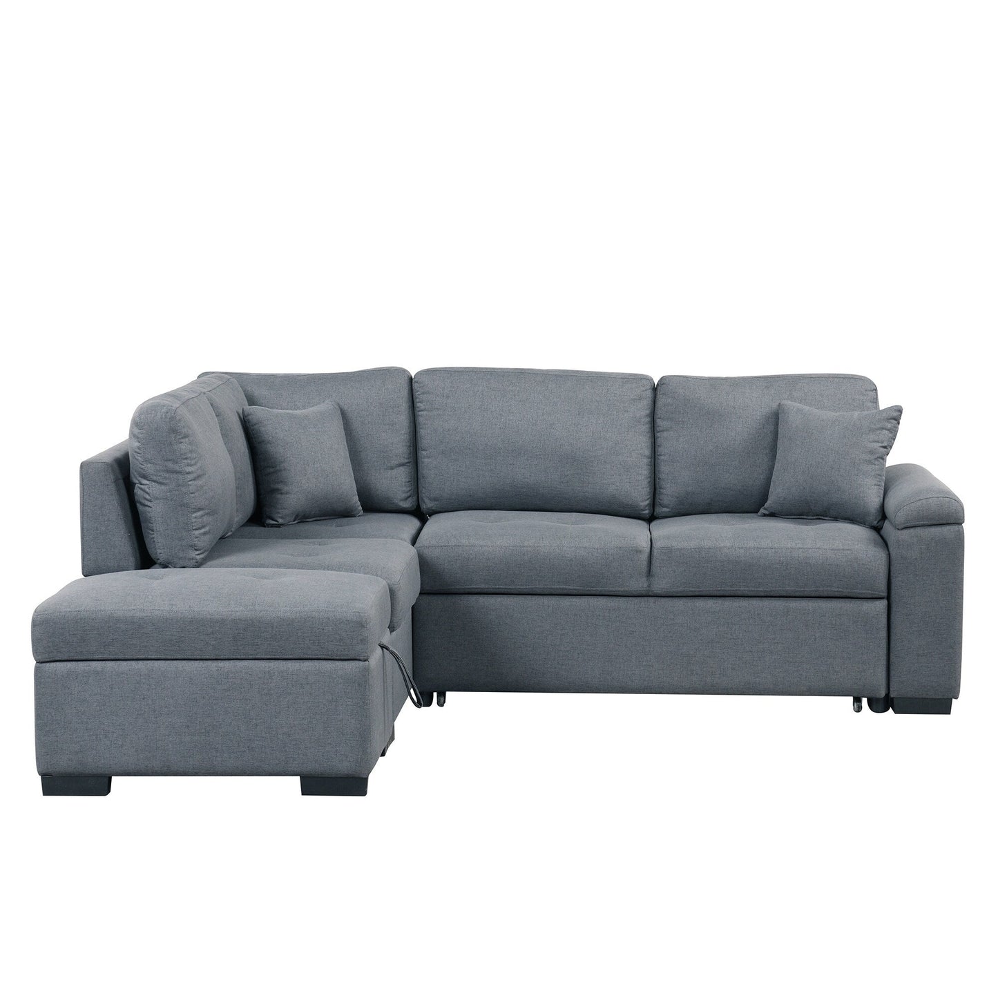 Canapé-lit d'angle moderne en velours en forme de L avec pouf de rangement, accoudoirs dissimulés et chargeur USB