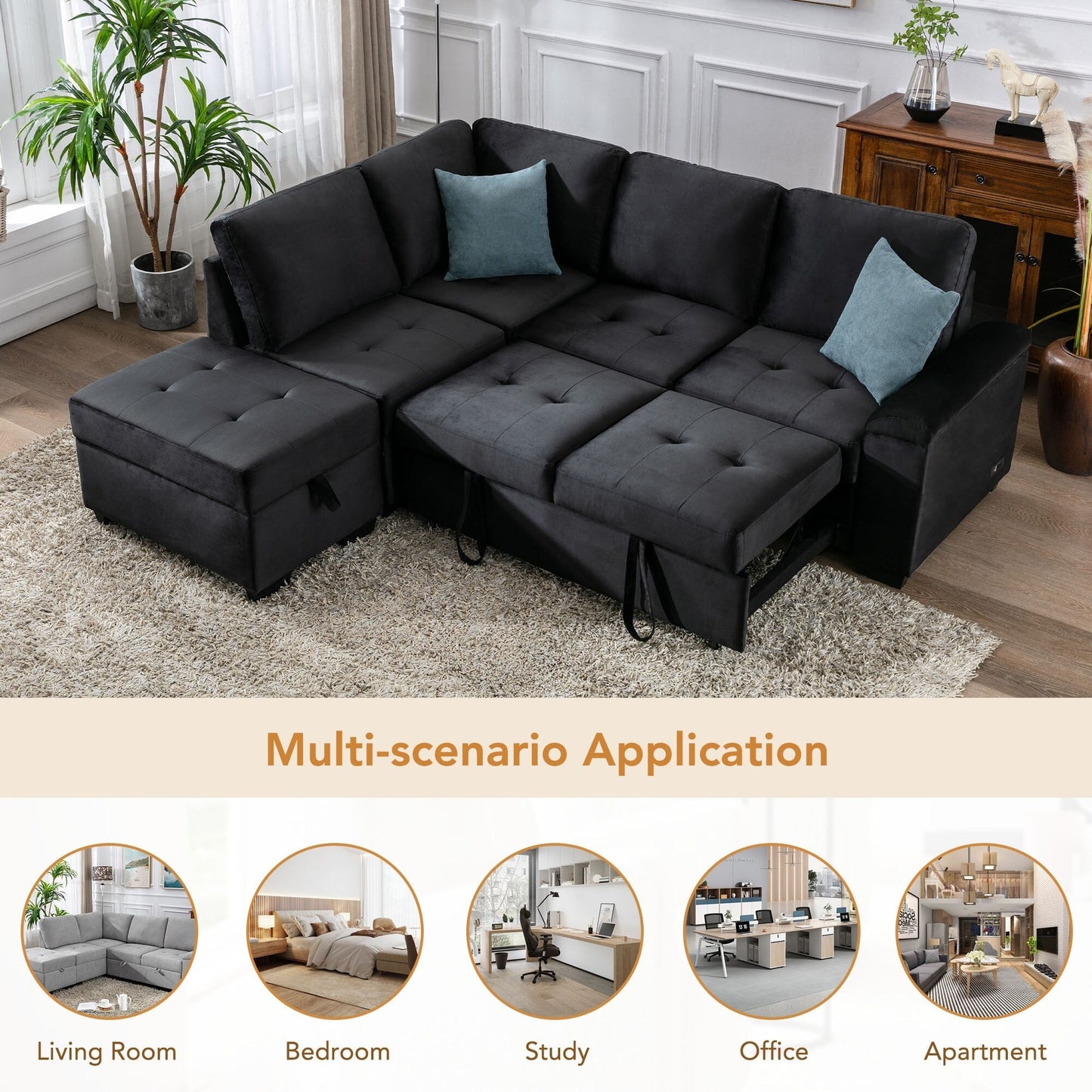 Canapé-lit d'angle moderne en velours en forme de L avec pouf de rangement, accoudoirs dissimulés et chargeur USB
