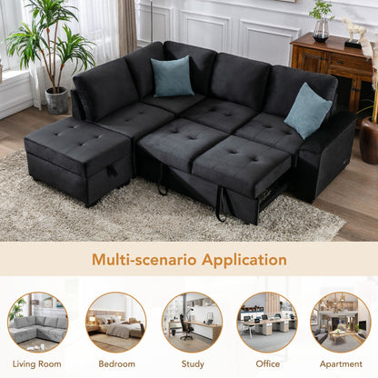 Canapé-lit d'angle moderne en velours en forme de L avec pouf de rangement, accoudoirs dissimulés et chargeur USB