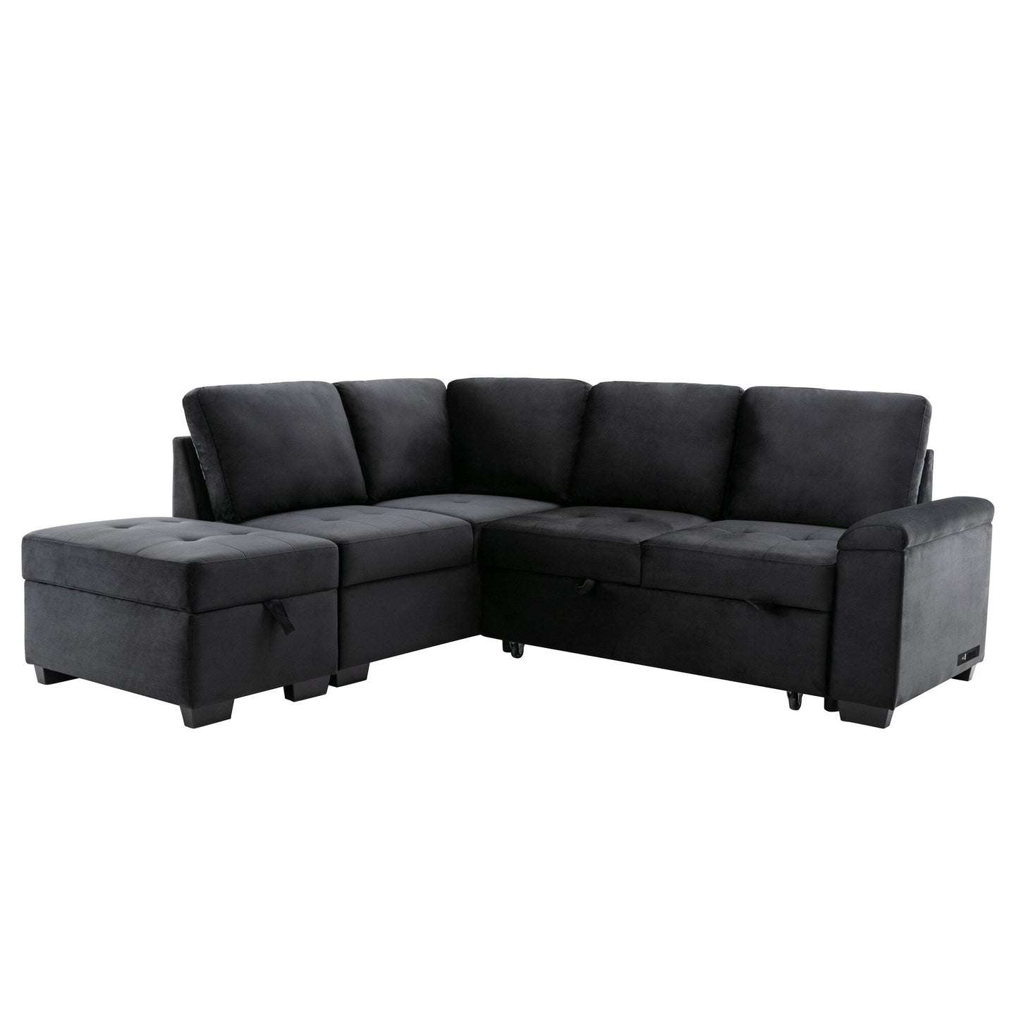 Canapé-lit d'angle moderne en velours en forme de L avec pouf de rangement, accoudoirs dissimulés et chargeur USB
