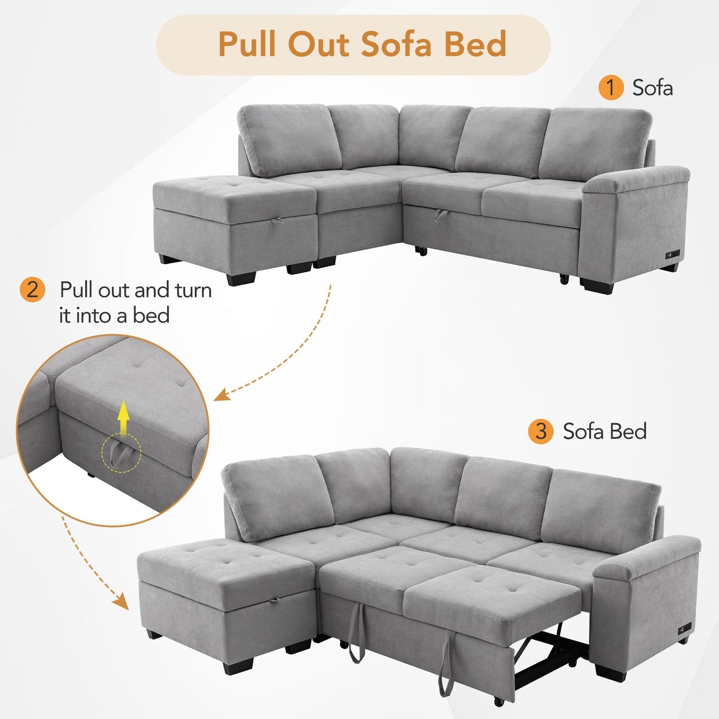 Canapé-lit d'angle moderne en velours en forme de L avec pouf de rangement, accoudoirs dissimulés et chargeur USB