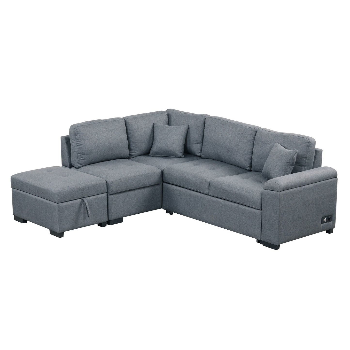 Canapé-lit d'angle moderne en velours en forme de L avec pouf de rangement, accoudoirs dissimulés et chargeur USB